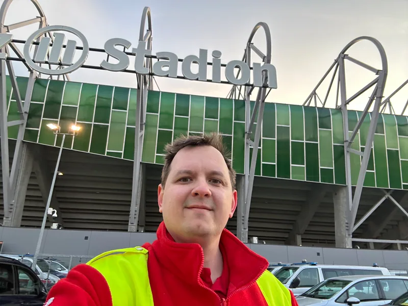 Helmut Steinbrecher in emergency physician uniform outside the Allianz Stadion