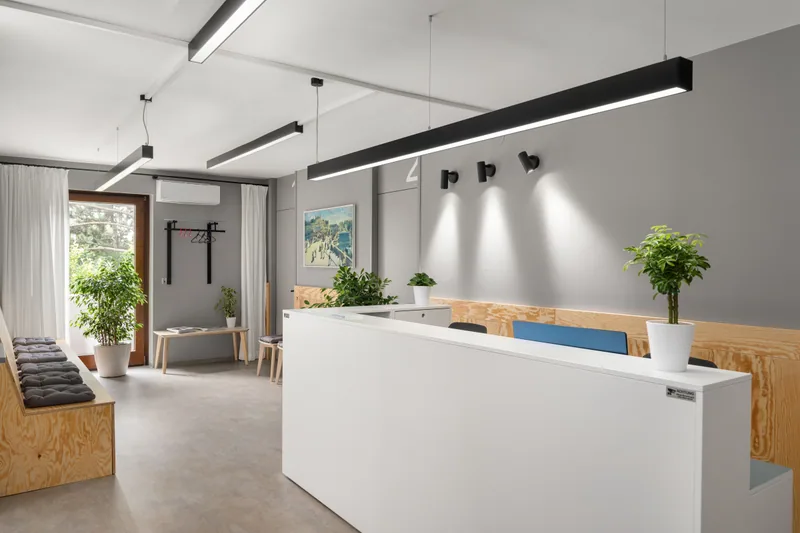 Bright reception at Praxis 23 with wooden benches and plants